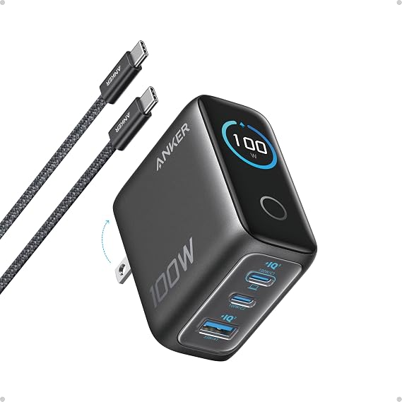Anker 100W Max USB C Charger, 3-Port GaN Phone Charger with Smart Display | Ultra-Compact Fast Laptop Charger with Touch Control for iPhone 17 Series,iPad,MacBook Pro/Air(Include Cable,Non-Battery)