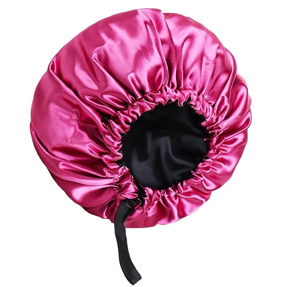 GOO GOO Satin Bonnet for Sleeping - Double Layer for Women and Men, Soft Hair Bonnet With Adjustable Band, Hair Dryer for Long Curly Hair, #Rose+Black