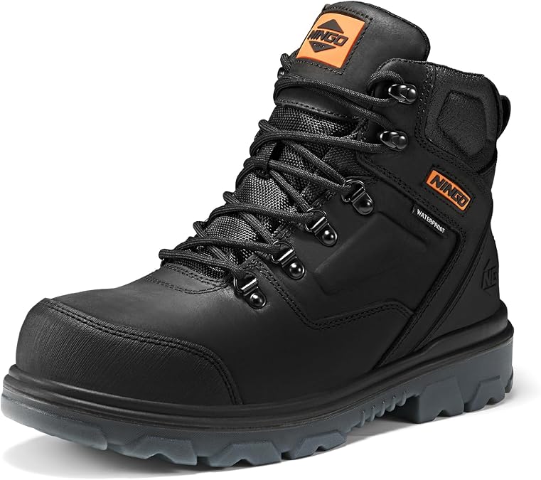 NINGO Mens Steel Toe Work Boots, Waterproof Heavy-Duty Safety Boots | Puncture Protection & Slip Resistant, Steel Toe Boots for Men with Breathable Lining EH Protection, Construction Industrial
