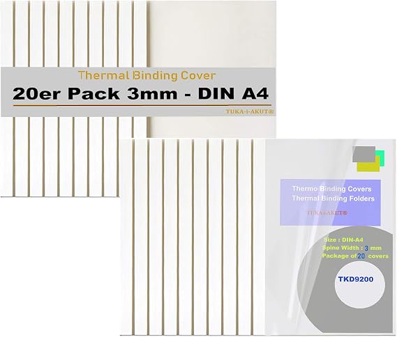 TUKA-i-AKUT [20 x A4 3 mm] Thermal Binding Covers A4 Spine Width 3 mm Pack of 20 Thermal Binding Covers for Thermal Binding Machines Binding Devices Spines Pack of 20 in White TKD9200 White