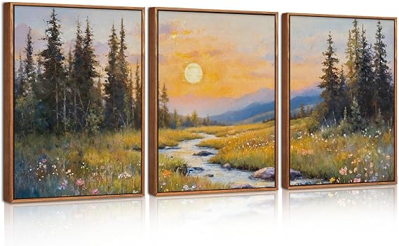 Celestdeco Mountain Sunset River Framed Canvas Art Pine Wildflower 30x40cm