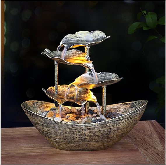 Resin Lotus Leaf Tabletop Fountain - 4-Tier Waterfall Fountain for Home Decoration (Gold)