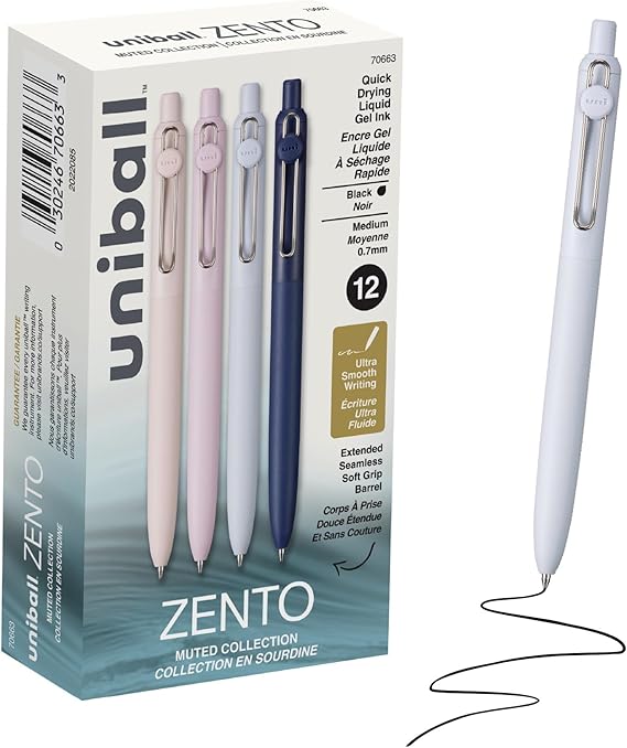 uniball™ Zento Gel Pens, Black Ink, 0.7mm, Medium Point, Retractable - 12 Pens - Smooth Writing, Fast Drying, Smear-Free, Mild Barrel Color