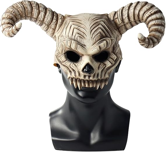 Kuberas Demon Skull Mask Devil Antelope Sheep Horn Full Head Mask Animal Skull Mask Ram Horns Scary Halloween Mask for Adult