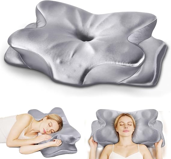 CCidea Cervical Neck Pillow for Sleeping, Ergonomic Memory Foam Neck Support Pillow with Dual Height, Cooling Satin Breathable Pillowcase,Contour Pillow for Side Back Stomach Sleepers, Odorless