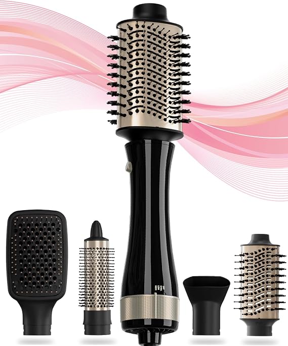 Blowout Brush Hair Dryer with Attachments, 5 in 1 Hair Dryer Hot Air Brush Styler, Blow Dryer Brush for Women All Hair Type, (Black/Gold)
