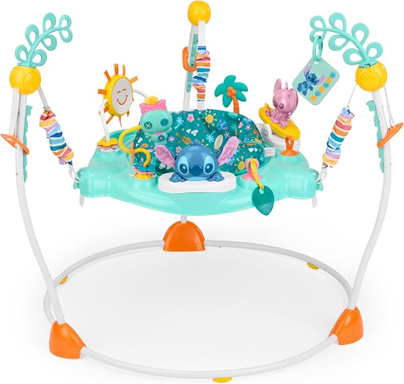 Bright Starts Disney Stitch Little Ohana Baby Activity Jumperoo with Interactive Toys, Activity Centre, Lights & Music with Stitch, Angel & Scrump, 6-12 Months (Blue)