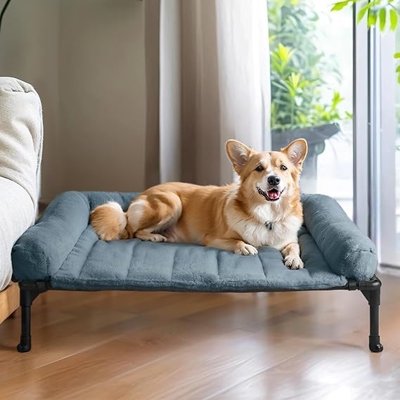 Veehoo Elevated Dog Beds Medium Sized Dog with Fluffy Plush Bolster Cushion