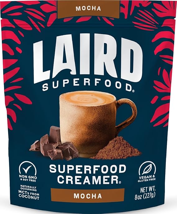 Laird Superfood Non-Dairy Coffee Creamer Mocha, Shelf-Stable Superfood Non-Dairy Powder Creamer, Gluten Free, Non-GMO, Vegan, 8 oz. Bag, Pack of 1