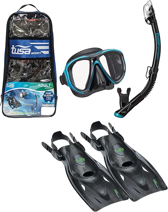 TUSA Sport Adult Powerview Mask, Dry Snorkel, and Fins Travel Set