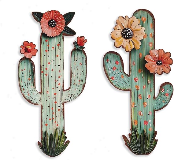 flangairy 2pcs Metal Cactus Wall Decor, Western Desert Bathroom Decor