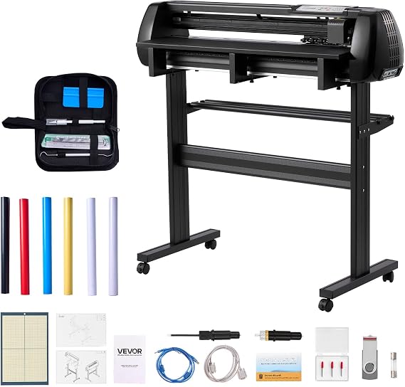 VEVOR Vinyl Cutter Machine, 34 inch Max Feed Width, Dual Blades, Adjustable Force and Speed, LED Display, Vinyl Plotter Cutter Printer Bundle with Sticker Sheets, Transfer Film, Signmaster Software