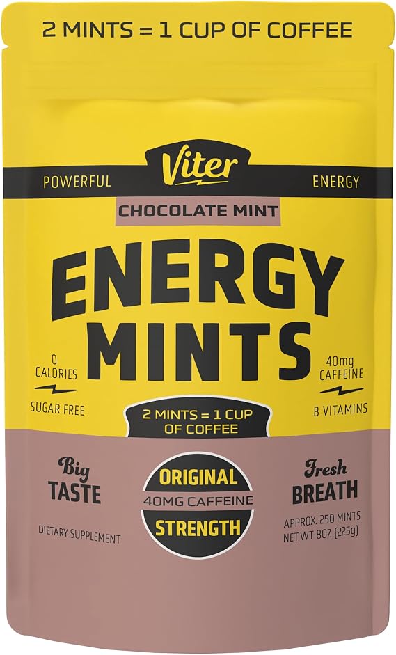 Viter Energy 40mg Caffeine Mints - Sugar Free, B Vitamins, Vegan, Boosts Fast Energized Alert Focus, Caffeinated Nootropic Supplement Pills (Chocolate Mint Flavor, 8oz, Bulk Bag)