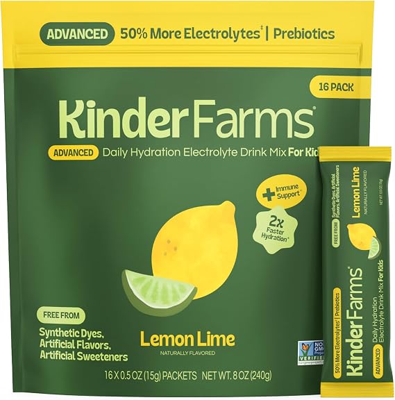 KinderFarms Kids Advanced Electrolyte Powder Drink Mix, Lemon Lime, 16 Ct | No Artificial Dyes, Sweeteners or Flavors FSA-HSA Eligible - 35% More Electrolyte Sodium vs. Orginal Formula.