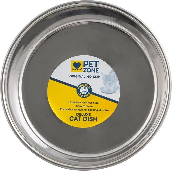 Pet Zone Original Stainless Steel No Slip Cat Bowl, 1.25 Cups, Pack of 1 | Holds dry or wet meals, easy to clean durable dish for felines, grippy base stays firmly put at mealtime, everyday feeding