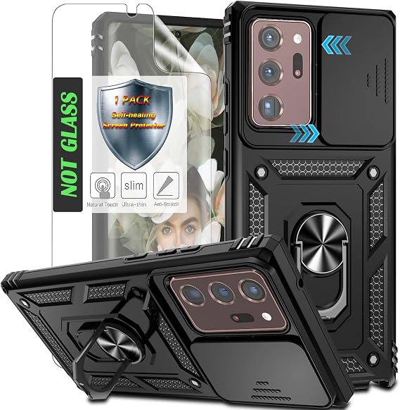 Note 20 Ultra Case with Slide Camera Cover & HD Screen Protector, Heavy Duty Shockproof Protective Case with Rotated Ring Kickstand for Galaxy Note 20 Ultra,Black