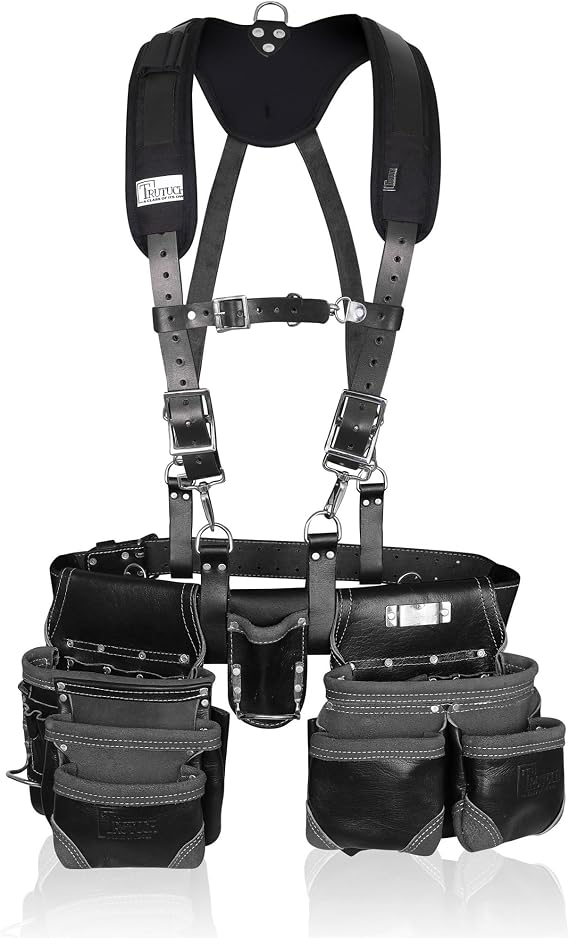 Black Leather Tool Belt with Black Work Suspender | Framing Tool Bags | Leather Tool Belts | Premium Heavy Duty | Carpenter Tool Pouch for Handyman