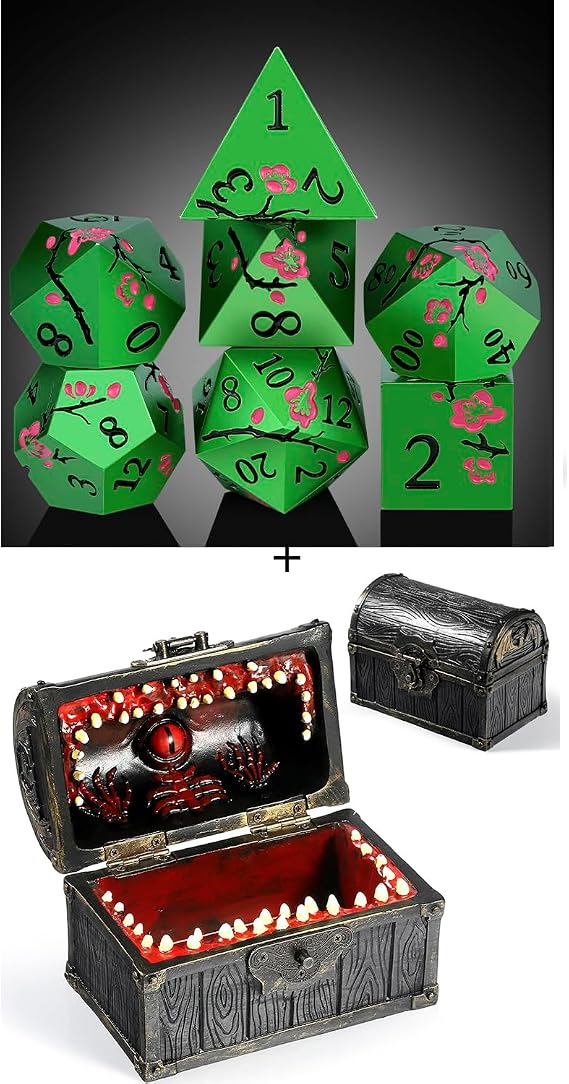 DNDND Matt Green Metal Dice Set with Gift Case and DNDND Mimic Chest Dice Storage Box