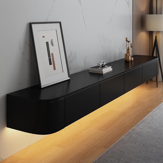 Floating TV Stand Cabinet wall mounted Black Floating tv Shelves with LED light & Doors & Drawer Modern Media Entertainment TV Console Storage TV Unit for Living Room (180cm/70in)