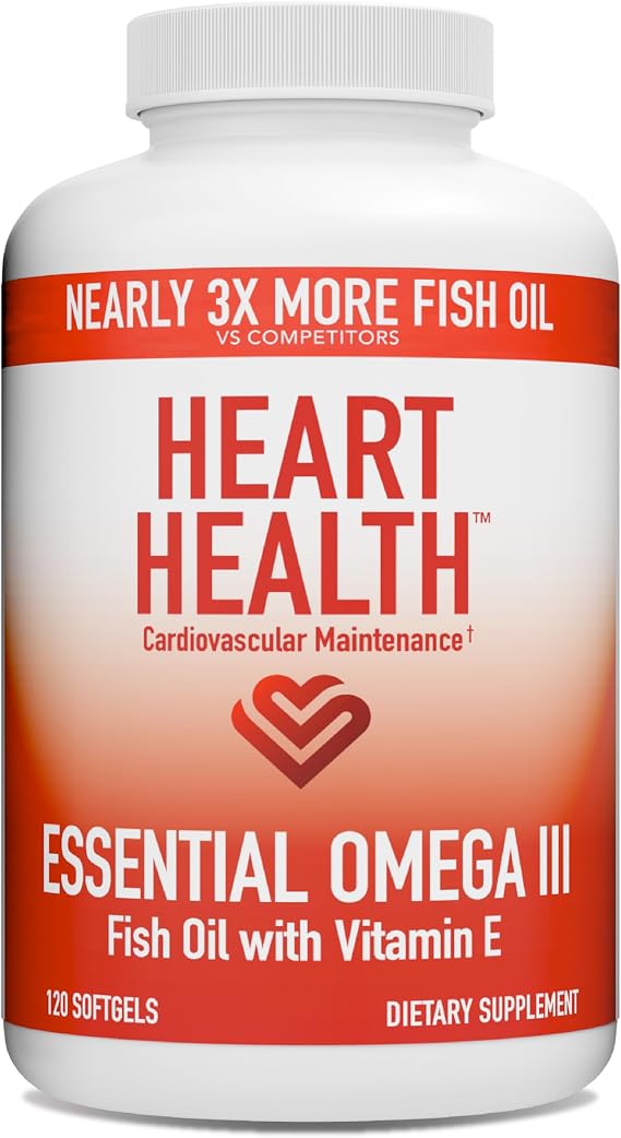 Heart Health Essential Omega III Fish Oil with Vitamin E High EPA & DHA for Heart, Triglyceride & Blood Flow Support, Lemon Oil, Gluten-Free, Non-GMO, 60 Servings