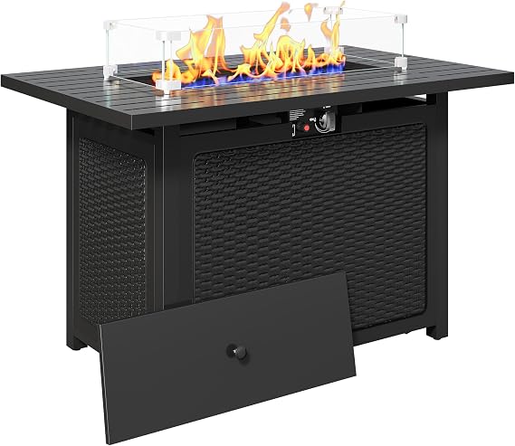 FansaFurn 43 Outdoor Propane Fire Table Set with Heavy-Duty Glass Stones, Glass Wind Guard, Lid & Water-Resistant Cover, 50,000 BTU Metal Fire Pit Table, Rectangle Fire Pit Table for Patio, Deck