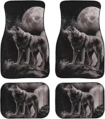 Floor Mat 4Pcs All Weather Non-Slip Car Mats Vehicle Interior Protection Accessory Car Accessories for Men Women,Universal Fit Car Mat Foot Carpet,Moon and Wolf