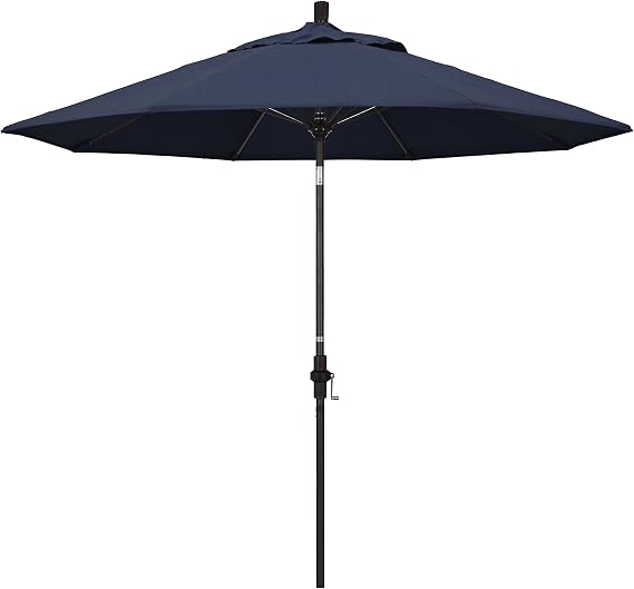 California Umbrella 9' Round Crank Lift, Collar Tilt, Aluminum Pole, Fiberglass Rib Patio Umbrella, Bronze Finish, Sunbrella Indigo