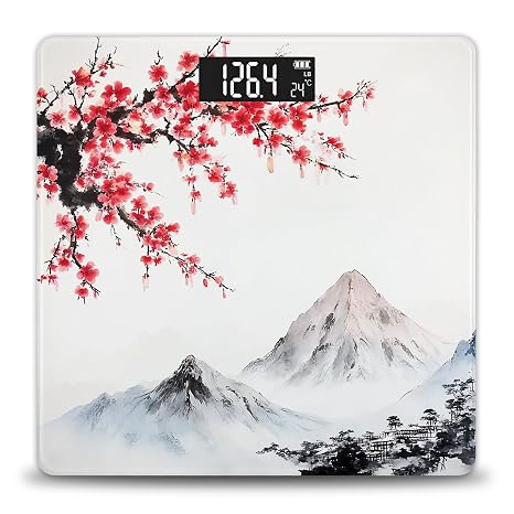 Digital Bathroom Scale for Body Weight, High Precision in 0.1lb, LED and Step-On, 400lb, Ink Landscape Plum Blossoms Flower