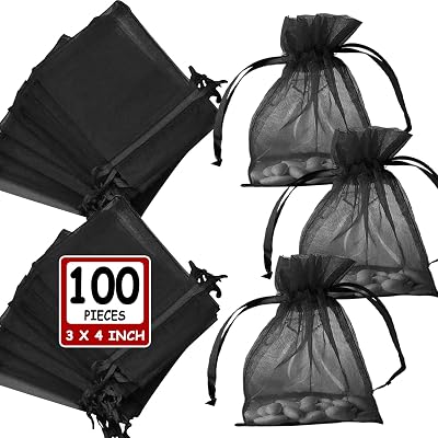 Ableme Deco Black Organza Bags 3x4 Inch 100 Pcs Sheer Mesh Gift Drawstring Sachet Jewelry Bags Organza Small Drawstring Pouch for Wedding Favor, Party, Soaps, Baby Shower Gifts 3x4, Black
