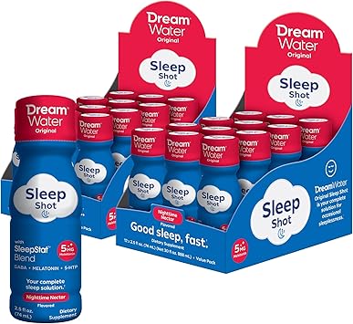 Dream Water Sleep Aid Supplement Drink; Melatonin 5mg, GABA, 5-HTP; Zero sugar, Natural flavors, No added colors, 2.5 oz liquid sleep shots, Nighttime Nectar, 24-Count