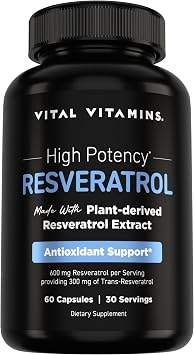 Vital Vitamins Resveratrol Supplement - Antioxidant Support, Cellular Longevity, Cognitive Function - 60 Capsules
