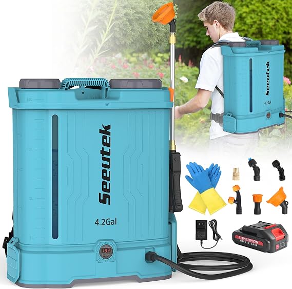 SEEUTEK 4.2 Gallon Battery Powered Backpack Sprayer,Electric Garden Sprayer | 0-100 PSI, Mix Function, Telescopic Wand, 6 Nozzles, 21V 2.6Ah Battery & Charger Included, Weed Lawn Yard Sprayer
