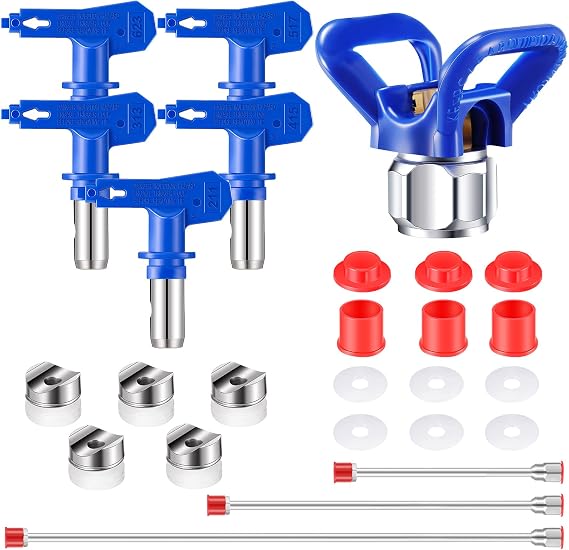 9 Pcs Airless Paint Sprayer Tips Reversible Spray Tip Airless Paint Sprayer Nozzle and Spray Gun Tip Extension with Red Guard Pole Rod and Tips (211,313,415,517,623)