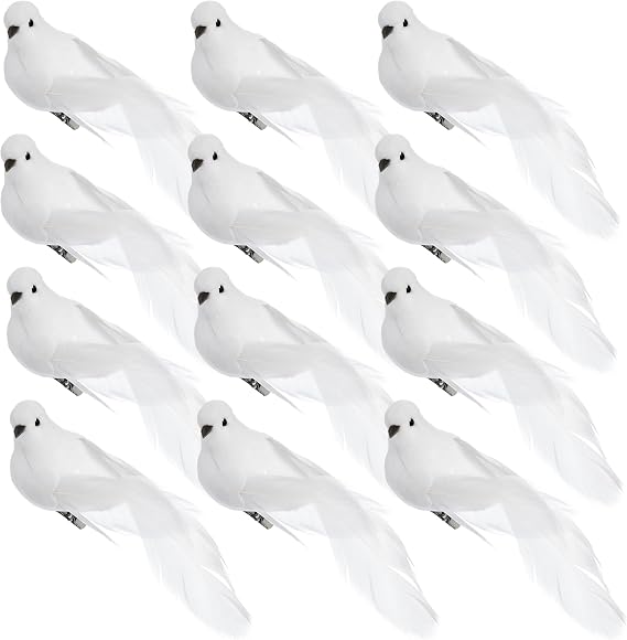 Okllen 12 Pack Artificial White Birds, Feathered Mini Doves Decor with Clips, White Dove Ornaments for Christmas Tree Home Garden Wedding Party DIY Decoration