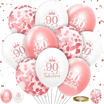 Rose Gold 90th Birthday Party Balloons Decorations for Women, 36pcs 90 and Fabulous Printed Latex Balloons, Happy 90-Year-Old Birthday Party Supplies for Her