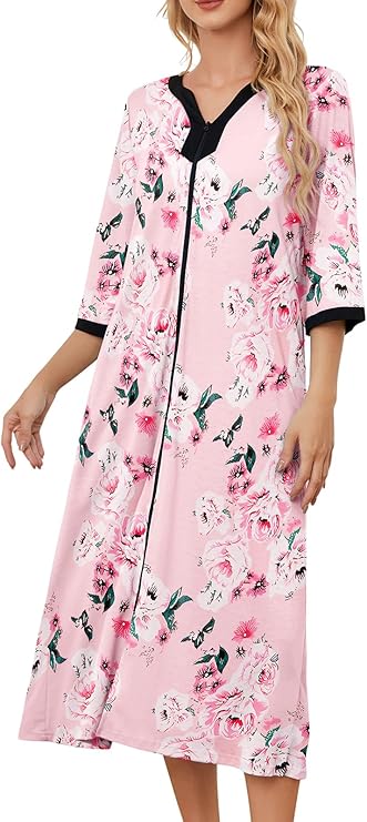 PITINAN Moo Moo Nightgown House Dress Zip up Robes for Women Long Lounge Dress House Coat Women S-3XL