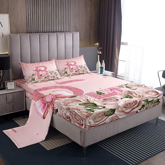 Erosebridal Initial A-Z Letter Sheet Set Personalized Initial Letter B Twin Sheets Set, Monogrammed Pink Bow Romantic Rose Bowknot Kawaii Fitted Sheet