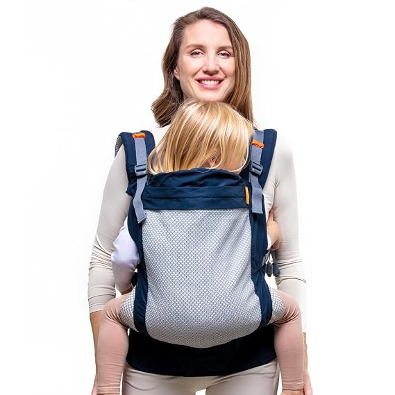 Beco Toddler Carrier 24-48 Months, 3D Mesh, Extra Wide Seat, Cool Navy | Airflow Panel keeps little ones sweat-free on hot days, Backpack or Front Carry for airplane travel, Sleeping Hood included.