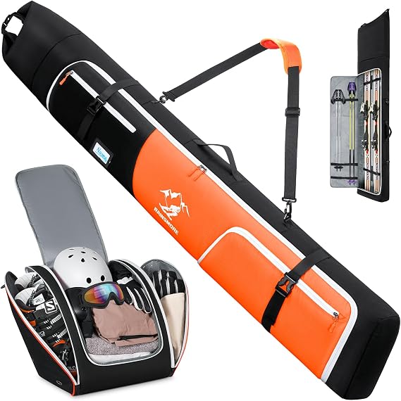 RAINSMORE Ski Bag and Boot Bag Combo 360Fully Padded Ski Bags for Air Travel, Snowboard Bag Snow Ski Boot Bag Fit Skis Up to 200cm and Boots Up To Size US13, Water-Resistant Ski Boot Travel Bag