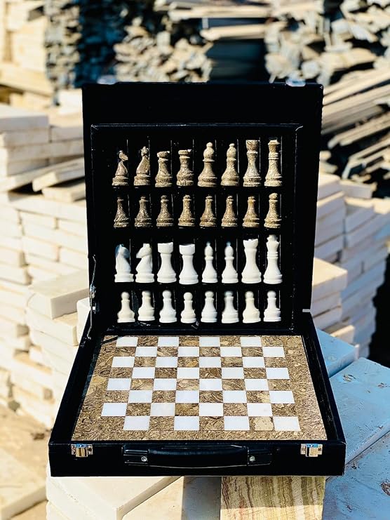 15-Inch Handcrafted Marble Chess Set with Black Faux Leather Gift Box – Premium Stone Chess Board & Pieces (Grey White)