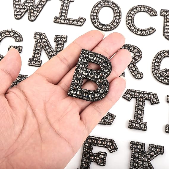 Prasacco 26 Pcs Letter Patches, A-Z Rhinestone Pearl Glitter Alphabet Patches Iron On Letters for Clothing Letters Patches for DIY Craft Supplies (Black)
