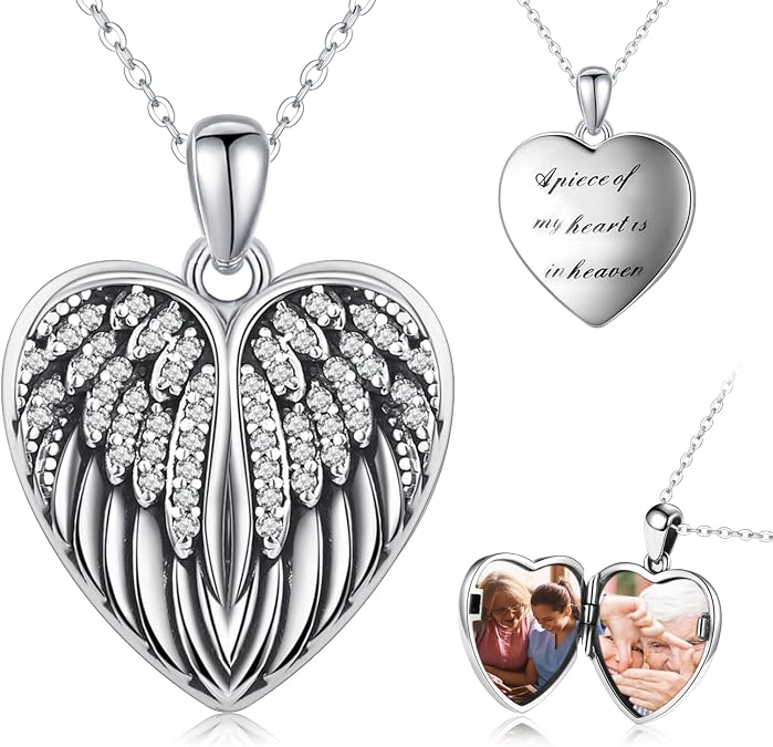 Angel Wings Locket Necklace 925 Sterling Silver Heart Locket Necklace That Holds Pictures Memorial Pendant Necklace Locket Jewelry Gifts for Women Girlfriends