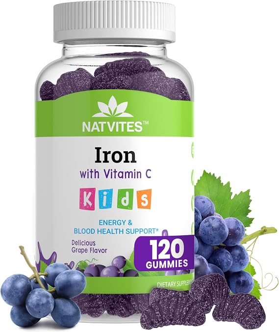 Kids Iron Gummies with Vitamin C - Delicious Grape Flavor - Energy & Blood Health Support - Gluten Free Non-GMO Vegetarian Children's Iron Supplement for Kids and Toddlers Age 2+ (120 Count)