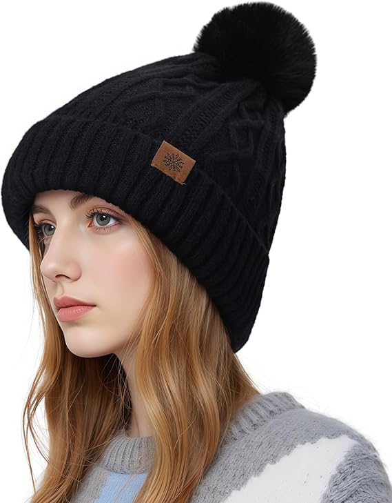 Womens Winter Knitted Beanie Hat with Chunky Cable Knit Pompom Soft Warm Hat