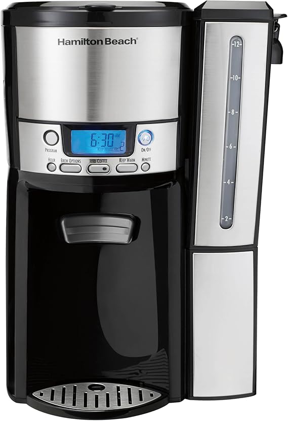Hamilton Beach One Press Programmable Dispensing 12 Cup Coffee Maker with Internal Coffee Pot, Stays Warm and Fresh for Hours, 60 oz. Removable Reservoir, Black & Stainless Steel (47950)