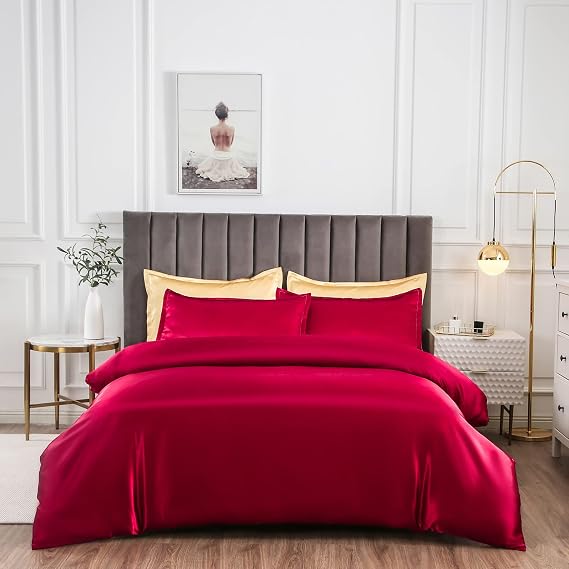 Red King Satin Duvet Cover (1 Comforter Cover) Silky Bedding 1 Piece with Zipper Closure