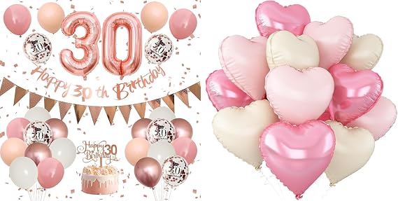 30th Birthday Decorations Retro Pink Rose Gold with Pink White Heart Balloons,30th Birthday Balloons with Cake Toppers Number 30 Balloons Confetti Balloons for Women Birthday Party Decorations
