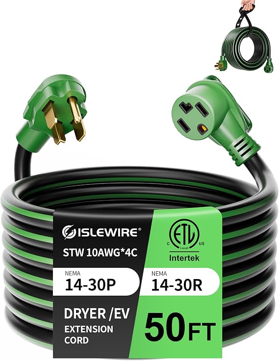 30-Amp 4-Prong Dryer EV Extension Cord, 50 Feet, NEMA 14-30P to 14-30R, 125V/250V Heavy Duty STW 10AWG/4, Use for Tesla Model 3/Y/X/S, Level 2 EV Charging & Dryer Power Extension, ETL Listed