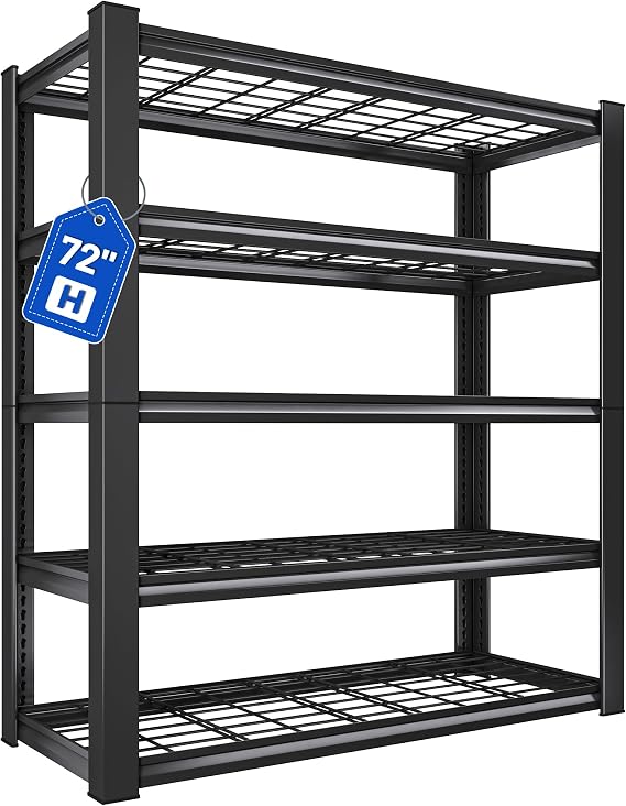 REIBII 72" H Garage Shelving Heavy Duty Adjustable Metal Shelf for Basement | 3010 LBS Load, Ventilation Mesh Structure, 16"D x 35.5"W x 72"H, 5 Tier Storage Shelves for Kitchen Pantry Warehouse School