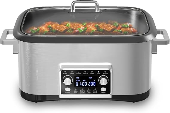 8 Quart 12-IN-1 Multi Cooker, Digital Programmable Slow Cooker with LED Display & Timer, 1250W Rice Cooker with Nonstick Inner Pot for Bake, Saute, Roast, Stew, Sous Vide, Dishwasher Safe, Silver